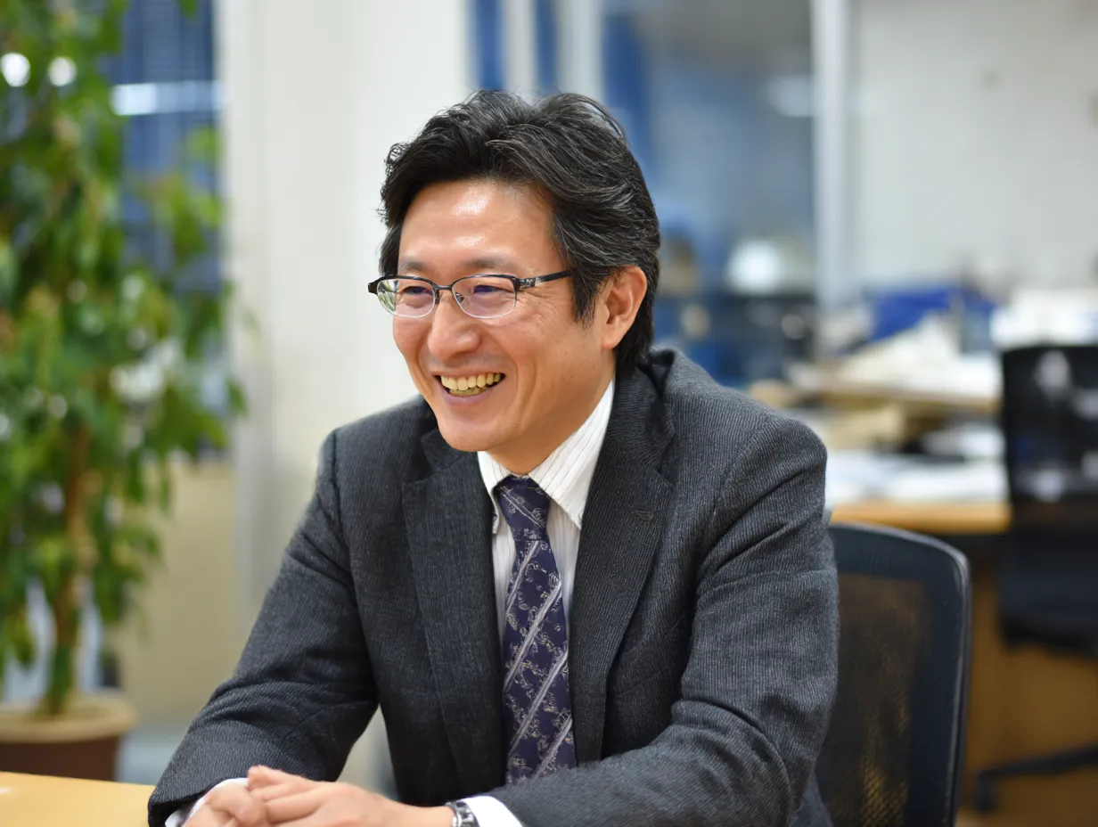 朗らかに語りかける課長｜商談や面談シーンを連想させる表情豊かな課長の笑顔。信頼関係を築くやさしさと親近感を自然に表現しています。