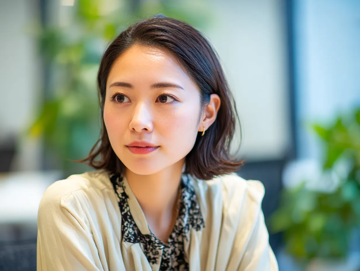 柔らかく視線を送る女性課長｜控えめな表情で遠くを見つめる女性課長。繊細で知的な雰囲気を活かし、女性リーダー像として幅広い用途に適しています。