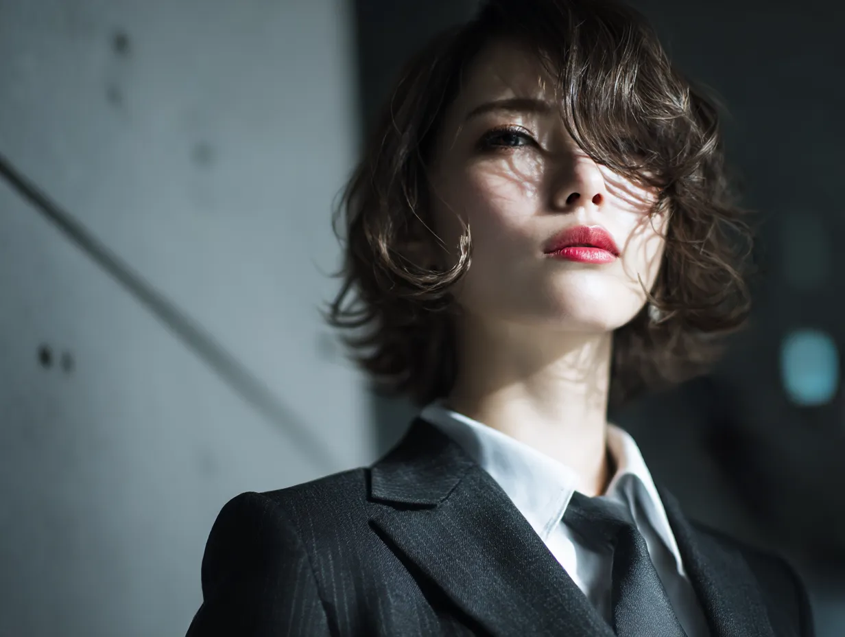 スーツ女子とドラマチックな構図｜強い斜光により生まれる陰影が、スーツ女子の表情を印象的に切り取る構図。風になびく髪とともに感情の深さを表現し、印象的なビジネス素材として使えます。