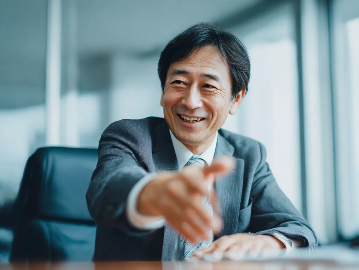 握手を交わすベテラン課長｜笑顔で手を差し出す中堅課長の姿を明るい窓際で撮影。信頼と交渉の成功を象徴するようなビジネスイメージです。