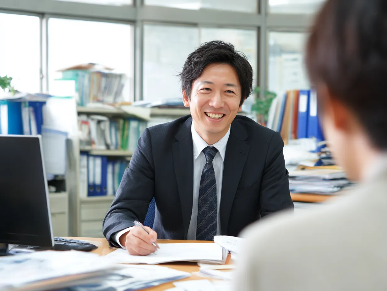 若手課長の笑顔あふれる対話シーン｜清潔感あるオフィスで若手男性課長が笑顔で話す様子を描いたビジネスシーンの素材です。親しみやすく信頼感を与える表情が印象的で、明るい社内の雰囲気が伝わります。広告やパンフレットの人物紹介にも適しています。