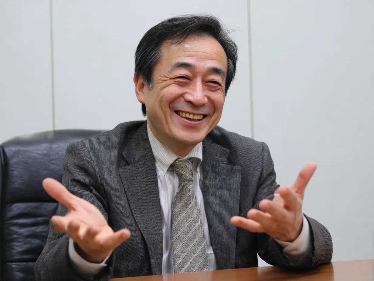 ベテラン課長の親身なヒアリング場面｜落ち着いた空間でベテラン課長が笑顔で話しかけるシーンを捉えた素材です。豊かな表情と自然な手の動きが、聞き手との信頼関係を想像させる仕上がり。ビジネス現場の温かみある会話を演出したい時に活用できます。