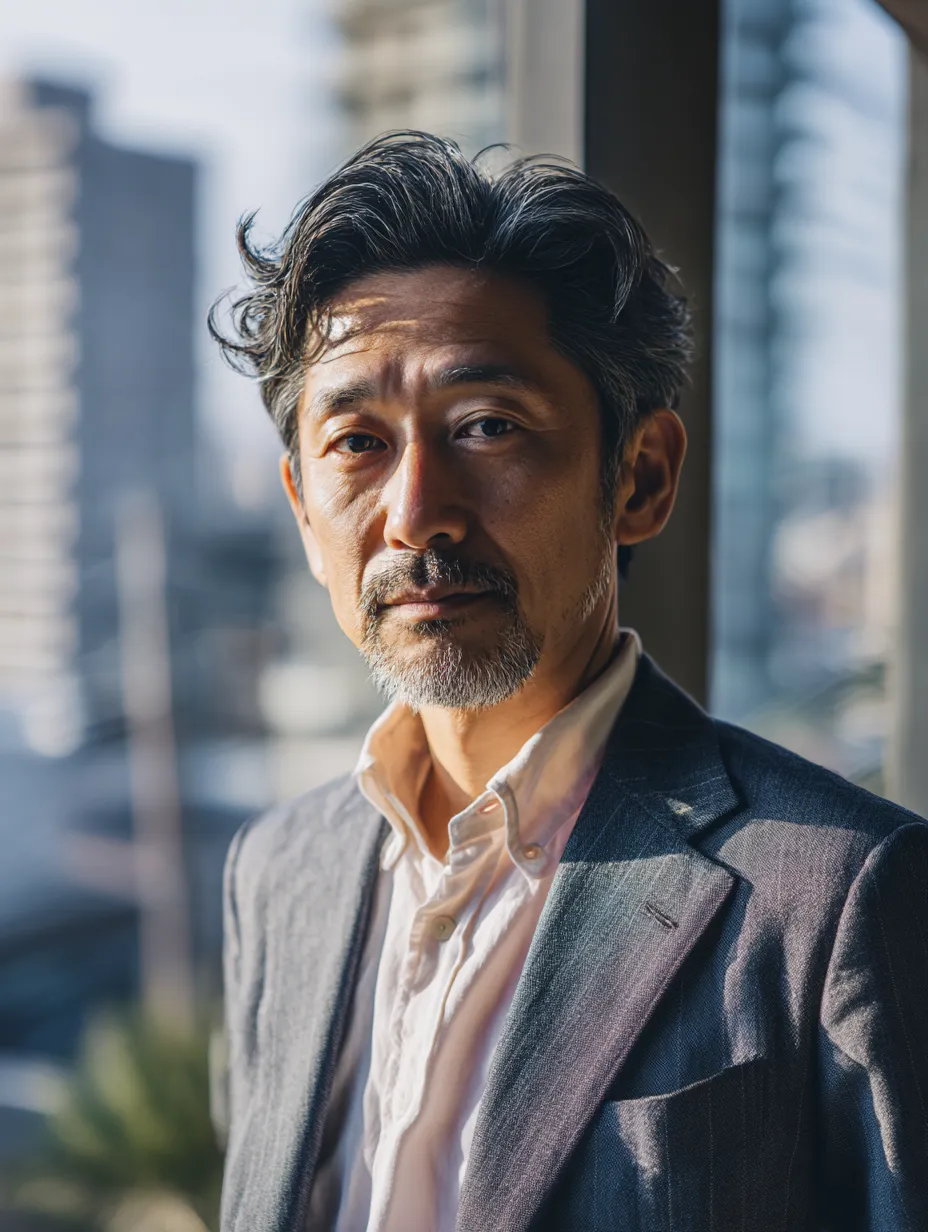 落ち着いた風格の部長ポートレート｜逆光を活かしたシックなトーンで撮影された男性部長の表情。都会的で洗練された空気をまとい、経験豊かな説得力を感じさせる構成です。