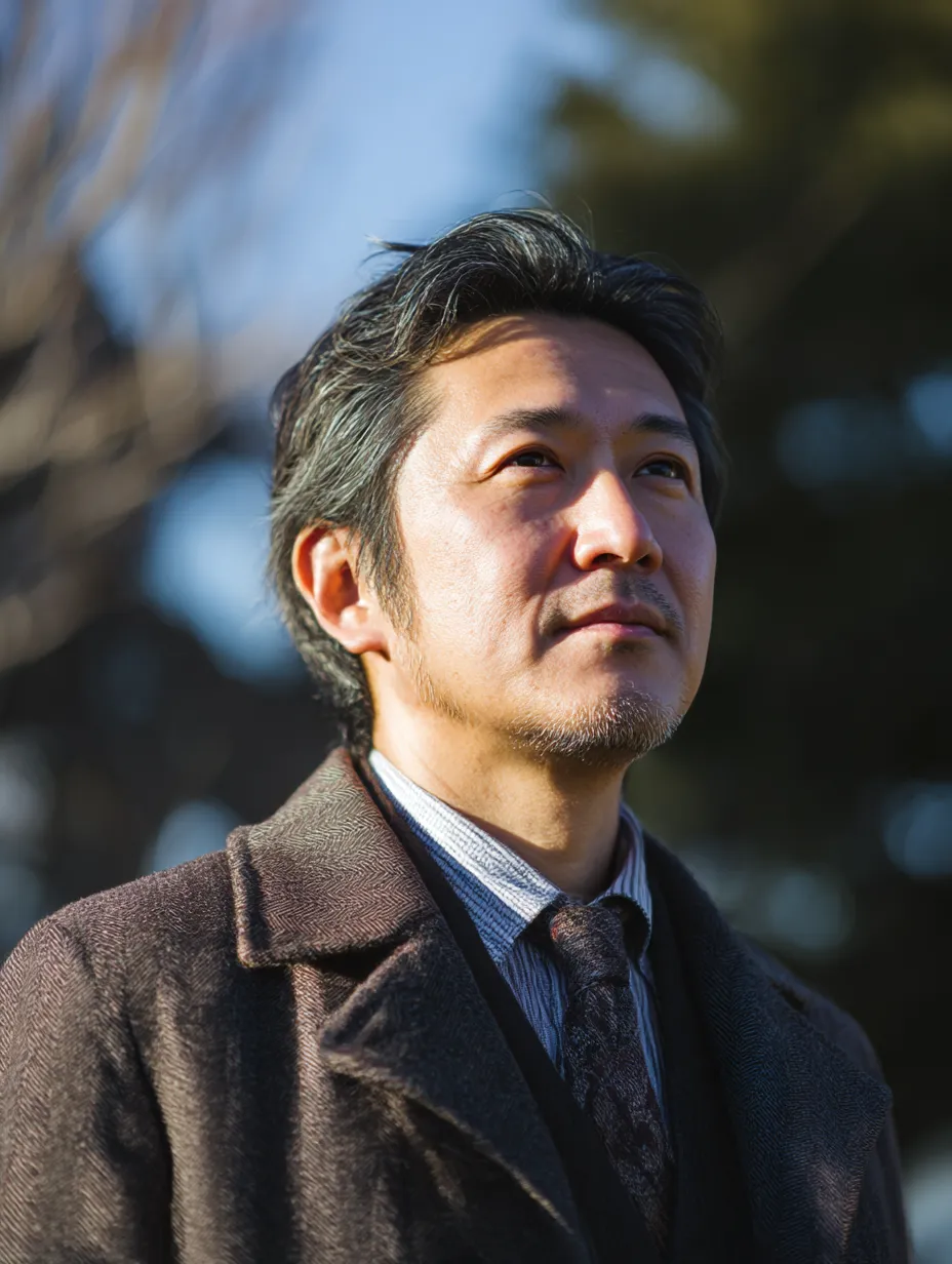 未来を見据える部長のまなざし｜青空の下で前方を見つめる部長の横顔が印象的。明るい自然光とシャープな陰影が、信念と展望を感じさせる素材に仕上がっています。