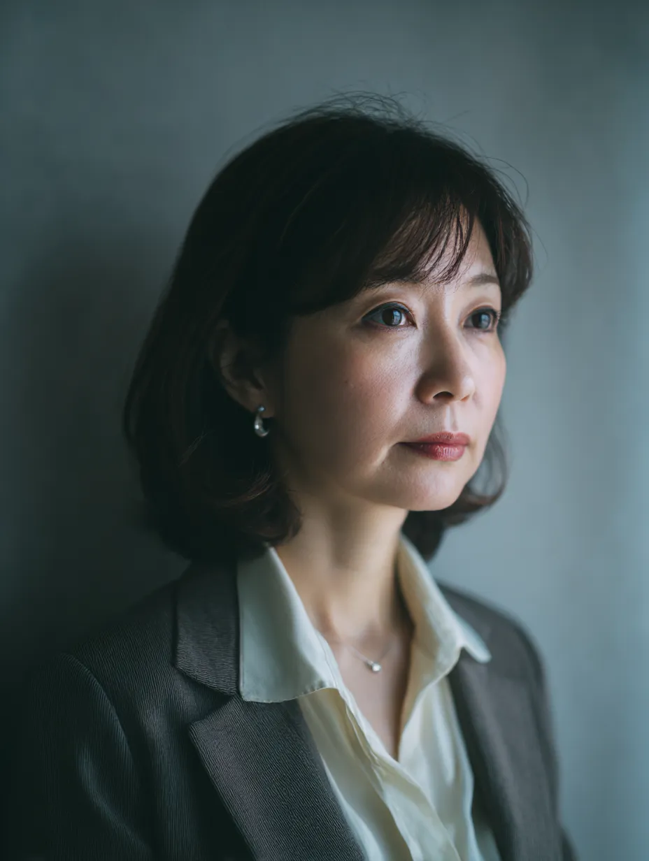 静かな決意を語る女性部長｜淡いグレーの背景に女性部長の落ち着いた表情が浮かび上がる構図。内面の強さと柔らかさを兼ね備えた知的な印象を伝えます。