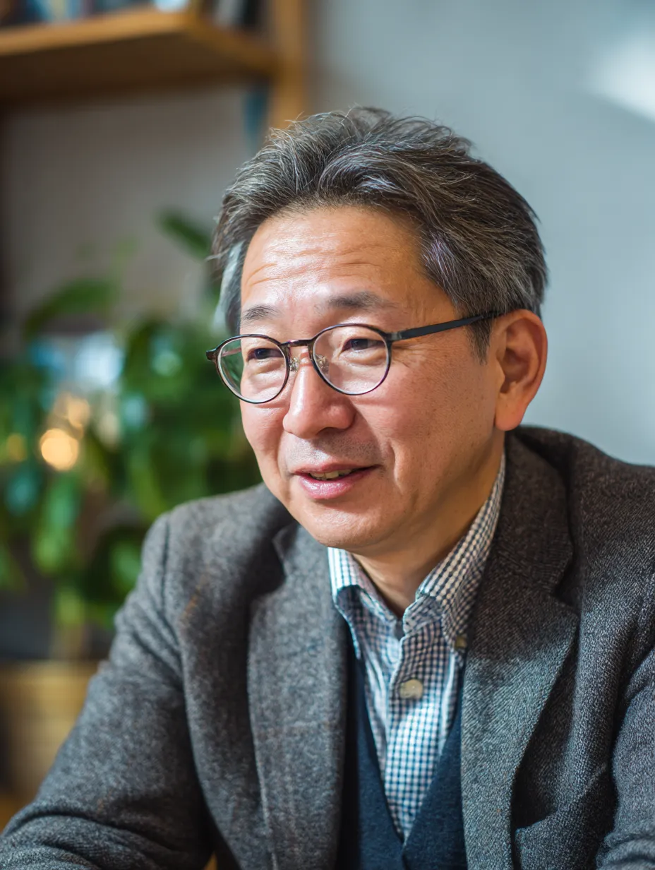 対話を重ねるベテラン部長の柔和さ｜眼鏡越しのまなざしとやわらかな表情が特徴の部長。温もりのある室内光とカジュアルな服装で、柔軟な対話型リーダー像を描いています。