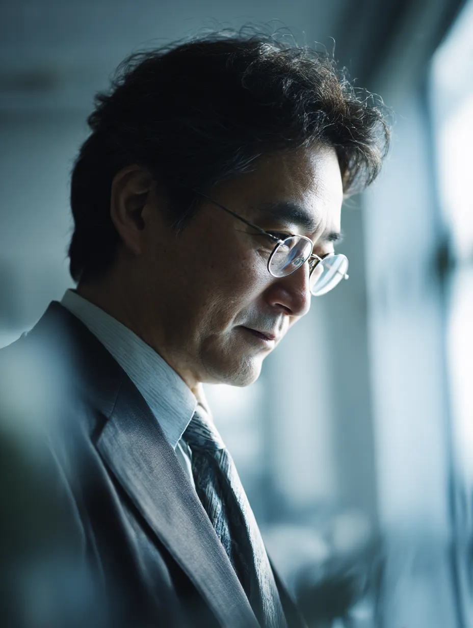 沈思する部長の横顔ポートレート｜柔らかな自然光に照らされた横顔の部長を捉えた落ち着いた印象の素材です。眼鏡越しに視線を落とす姿から、熟慮する「部長」の知的な雰囲気が伝わります。企画会議や経営判断の場面に適した演出が可能です。