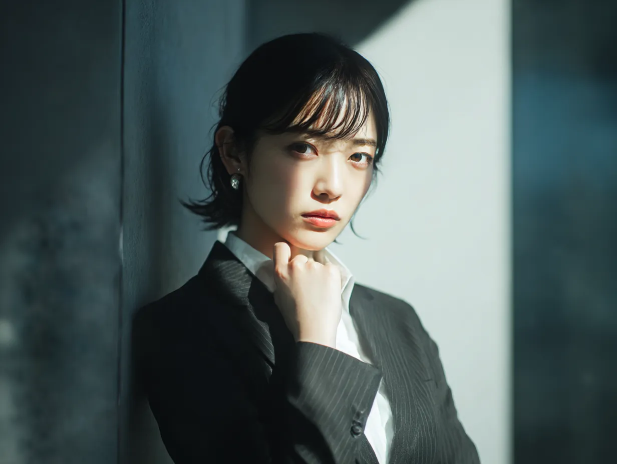 スーツ女子と壁際の視線｜グレーの壁を背景に真っ直ぐ視線を向けるスーツ女子。光のグラデーションがシンプルながら奥行きを生み出し、スーツ女子の内面を映すようなビジネス写真素材です。