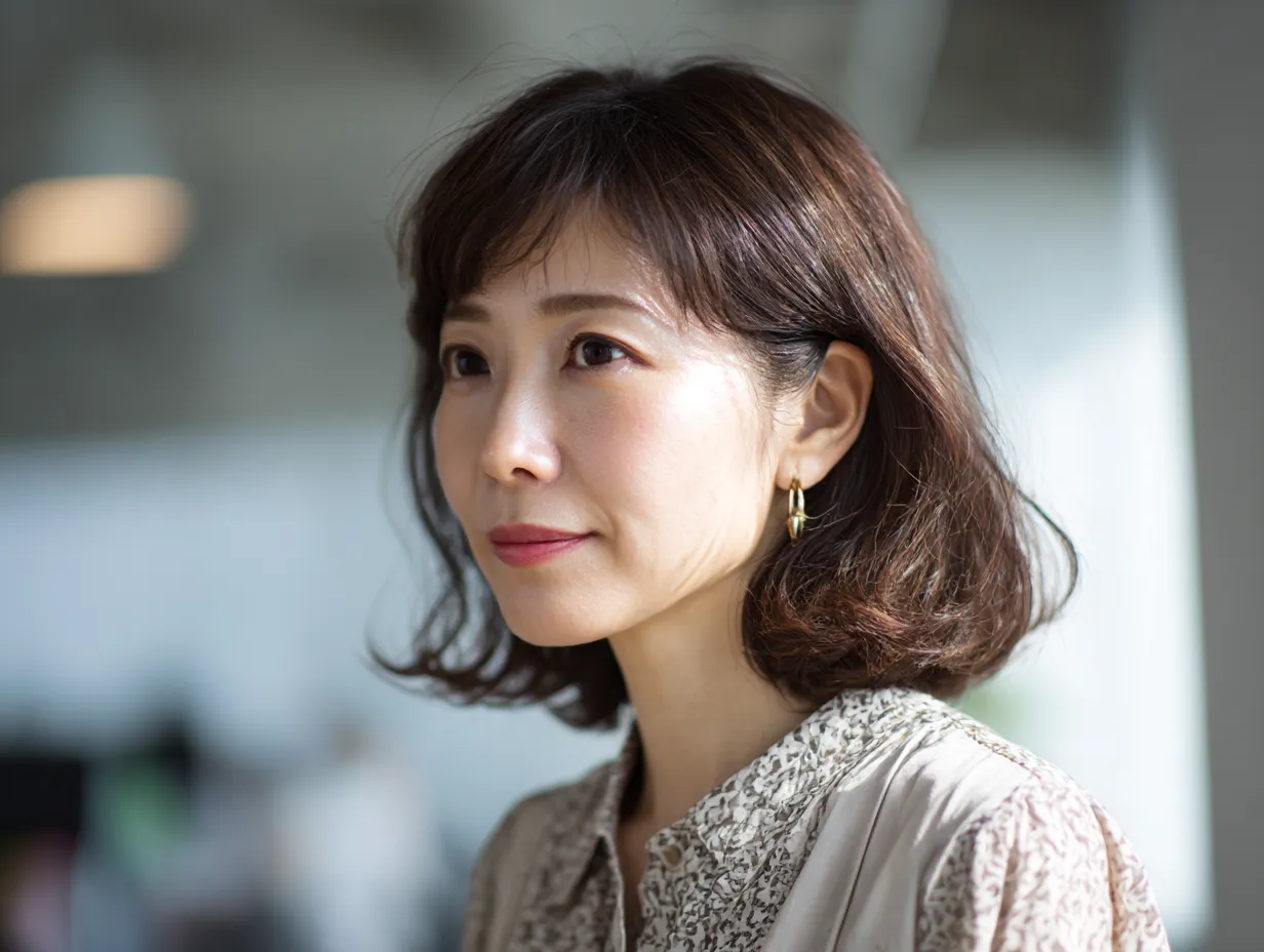 柔和な笑顔の女性部長が佇むオフィス｜やさしい表情で前を見つめる女性部長をとらえた明るい印象のポートレート。ナチュラルな光と開放感ある背景が、働く環境の快適さと「部長」の親しみやすさを表現します。