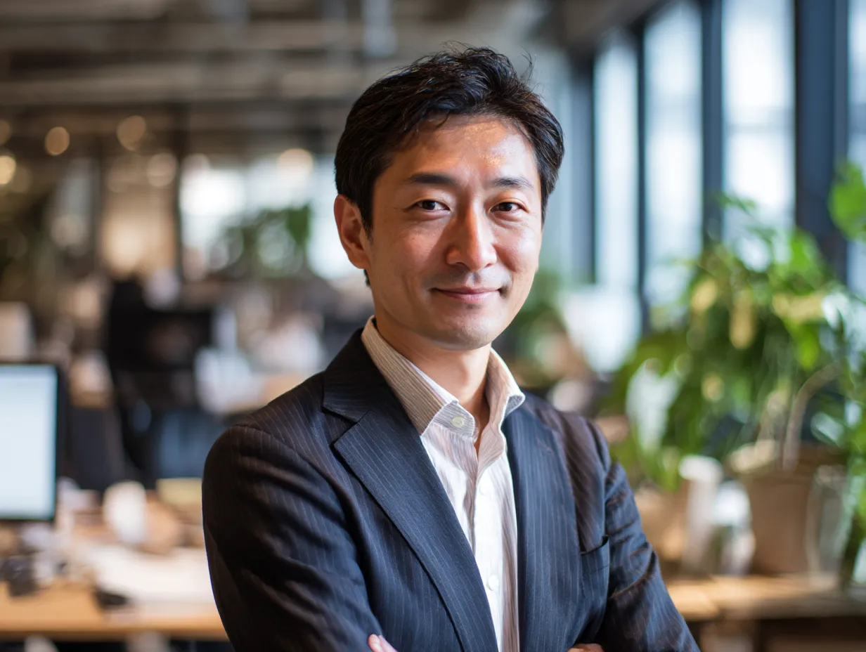 信頼感ある若手部長の爽やかな笑顔｜植物が並ぶオフィス背景と自然な笑顔が好印象の男性部長。やわらかな光に包まれた構図が、新しい時代の「部長」像を象徴し、企業の先進性や安心感を伝える素材として活用できます。