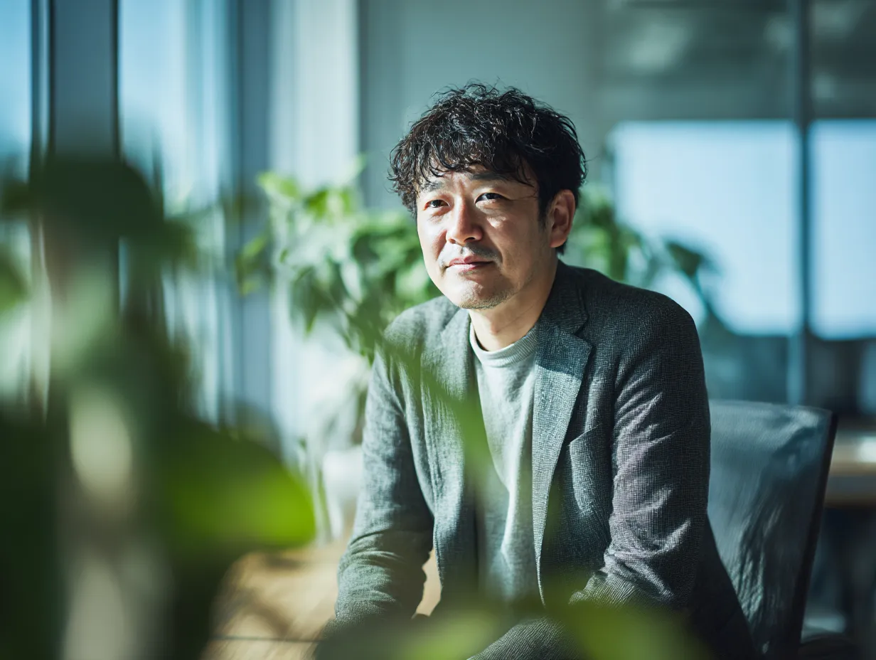 グリーンに囲まれたオフィスの部長｜植物が彩るオフィスで前を見つめる表情豊かな部長。柔らかな自然光とナチュラルな空気感が、「部長」のあたたかく開かれた人柄を感じさせる素材です。