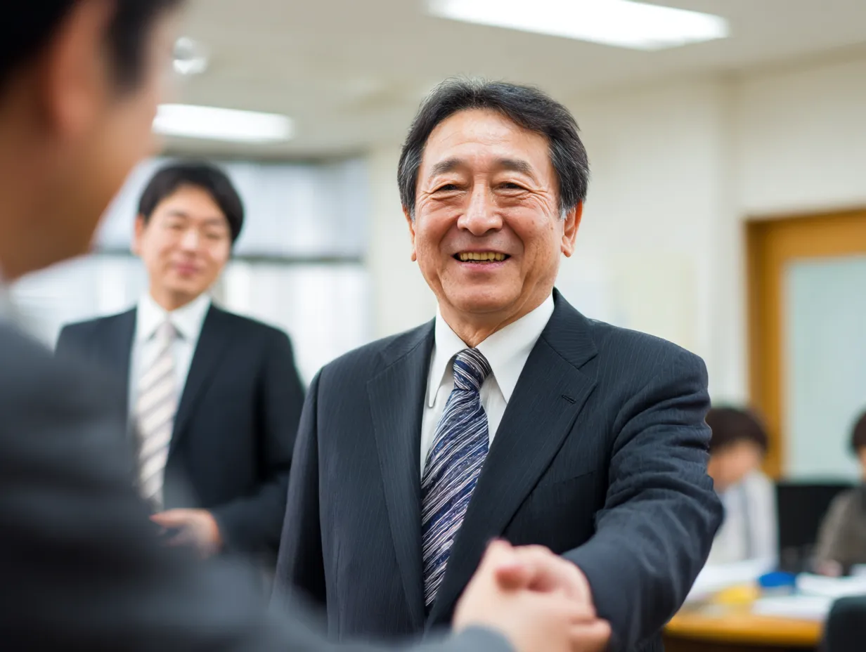 握手で迎える笑顔の部長の瞬間｜ビジネスの現場で明るく迎える部長を捉えた決定的な瞬間。信頼関係の構築や歓迎シーンにふさわしく、「部長」の温かくオープンな姿勢を印象づけます。