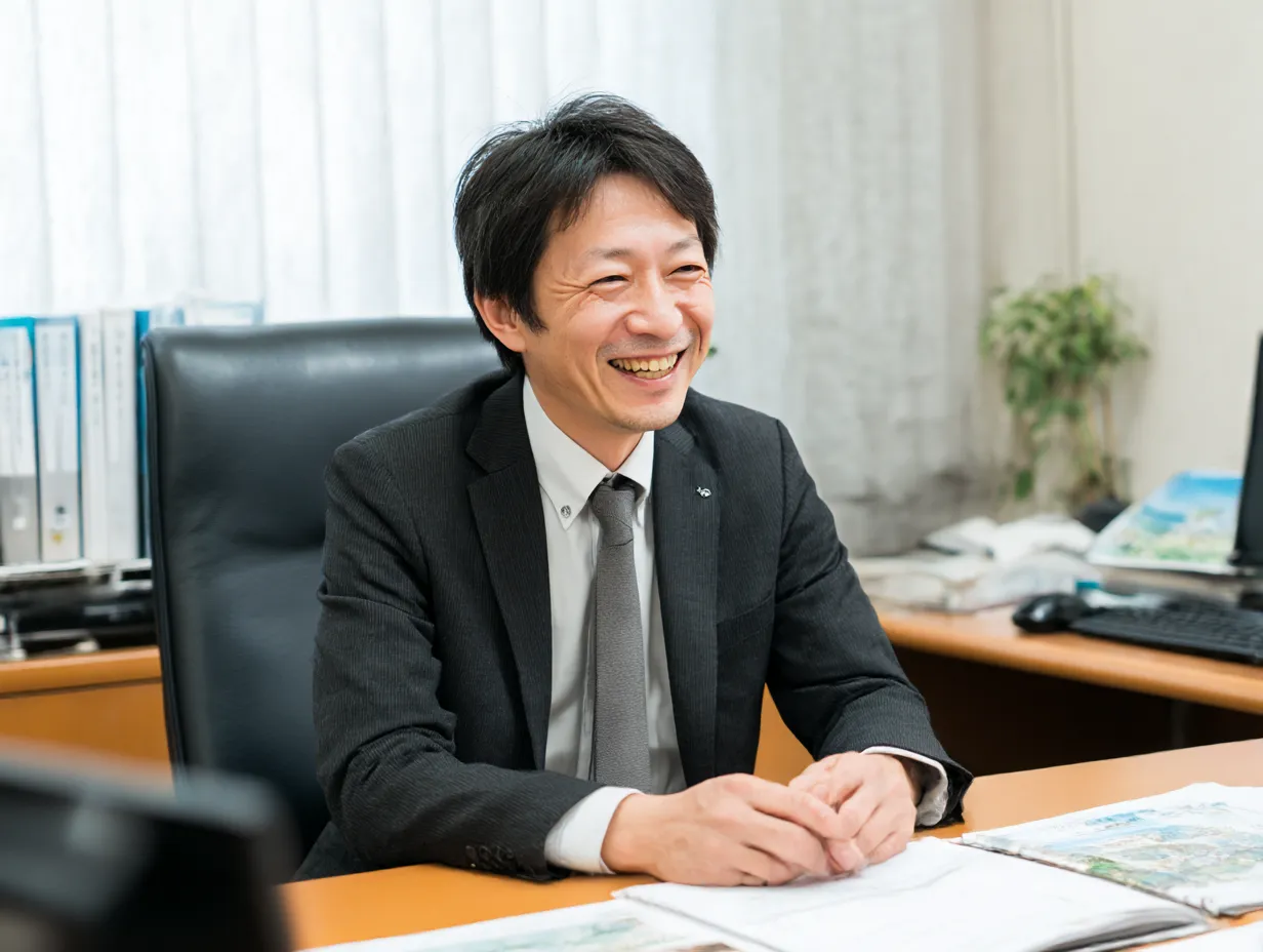 会議室で笑顔の部長が語りかける場面｜社内の執務空間で穏やかな笑顔を見せる部長。スーツ姿と背景の資料が仕事感を演出しながら、フレンドリーな「部長」の人柄を伝えるビジネス向け素材です。