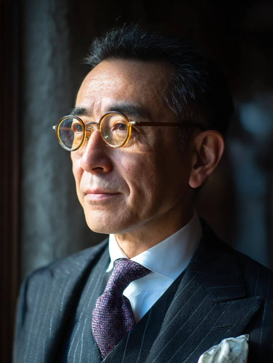 知的な風格漂う社長の横顔ポートレート｜クラシックなスーツに身を包み、斜光を受けながら遠くを見つめる社長の姿を捉えた一枚。静かな佇まいが「社長」の重みと知性を際立たせ、企業トップの品格ある肖像として映えます。