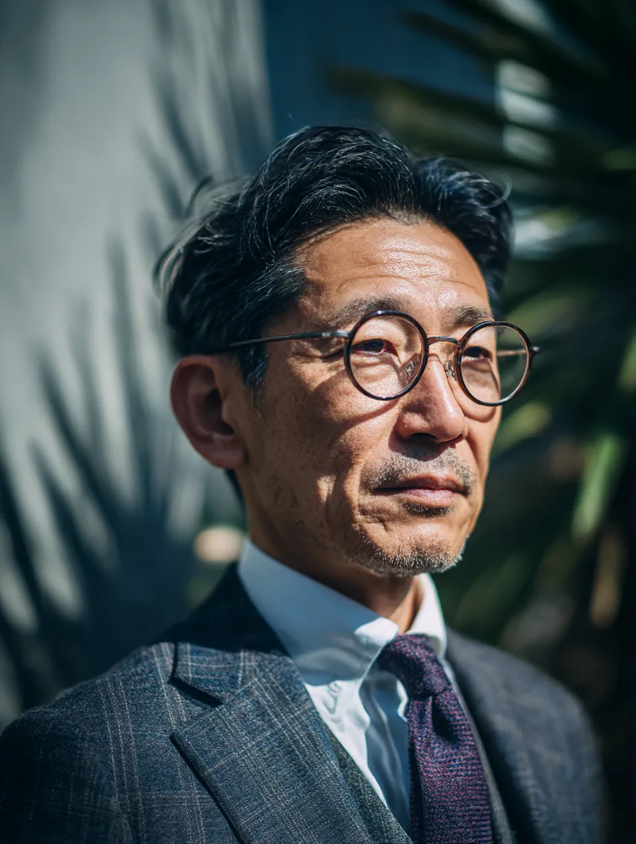 屋外で未来を見据える社長の視線｜木漏れ日の下、凛とした表情で前方を見据える社長のビジネス写真素材。明るく自然な背景が、開放感とともに「社長」のポジティブなビジョンを感じさせます。