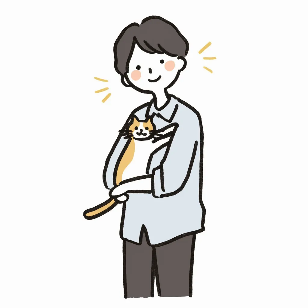 抱っこ・猫・リラックスする男性｜猫を大切に抱く男性のリラックスした雰囲気が伝わるイラスト。明るい色調と優しい線が、穏やかな時間を表現している。