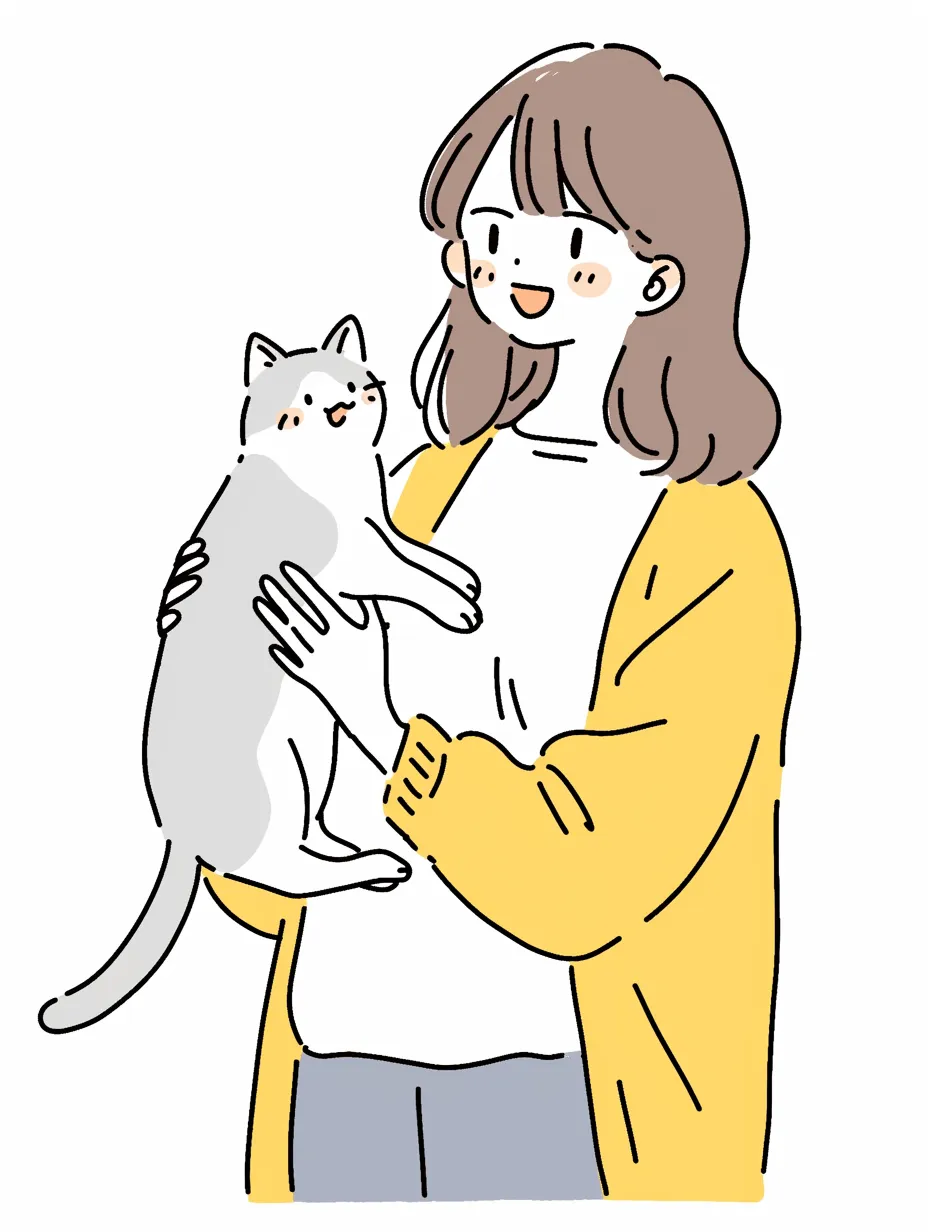 抱っこ・猫・黄色のカーディガンの女性｜女性が猫を抱えながら楽しそうに微笑むイラスト。柔らかな線とナチュラルな配色が、明るく親しみやすい印象を与えている。