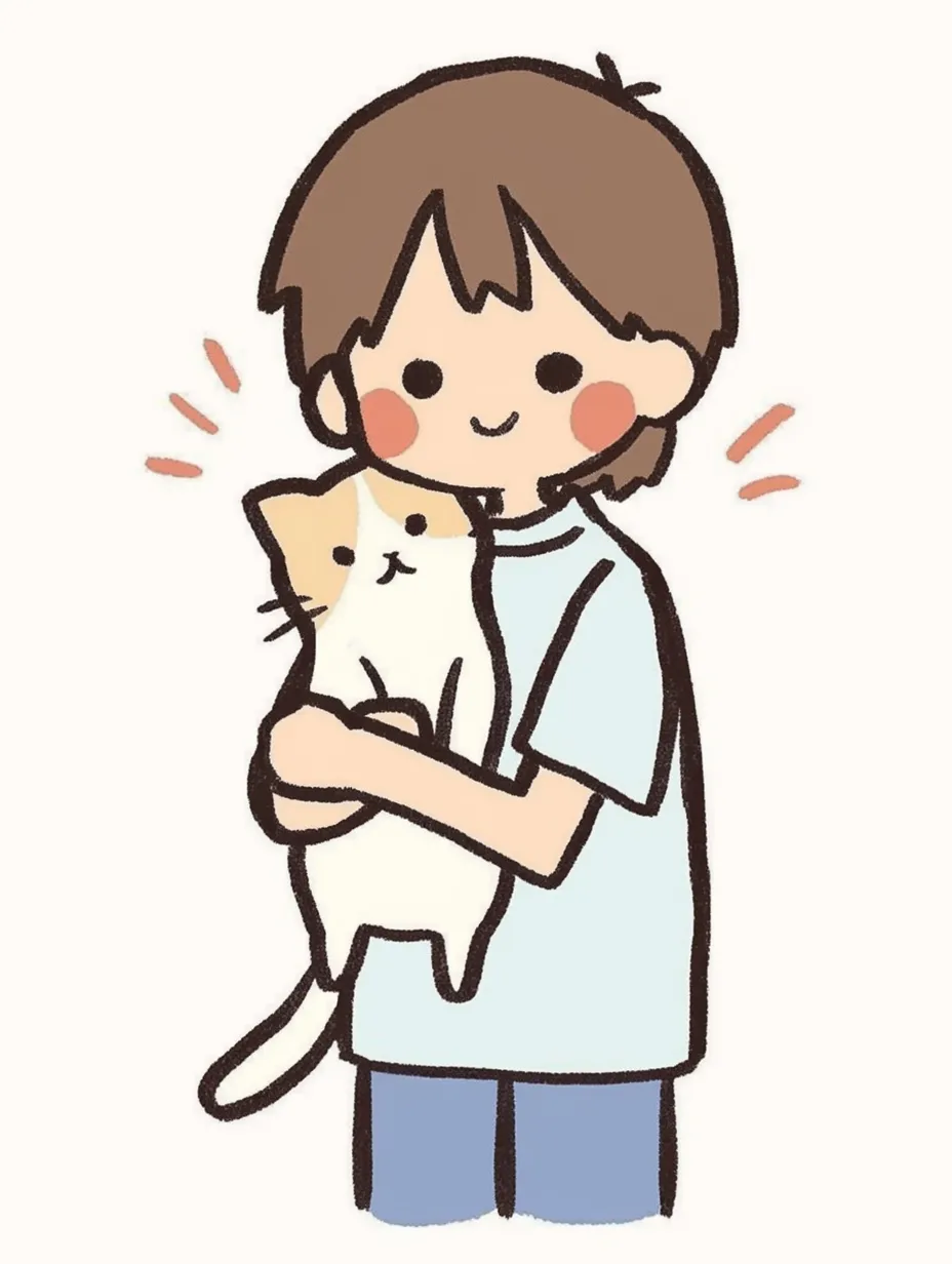 抱っこ・猫・男の子｜男の子が猫を優しく抱きしめる、ほのぼのとしたイラスト。明るい色合いと丸みのある線が、安心感と親しみやすさを与えている。