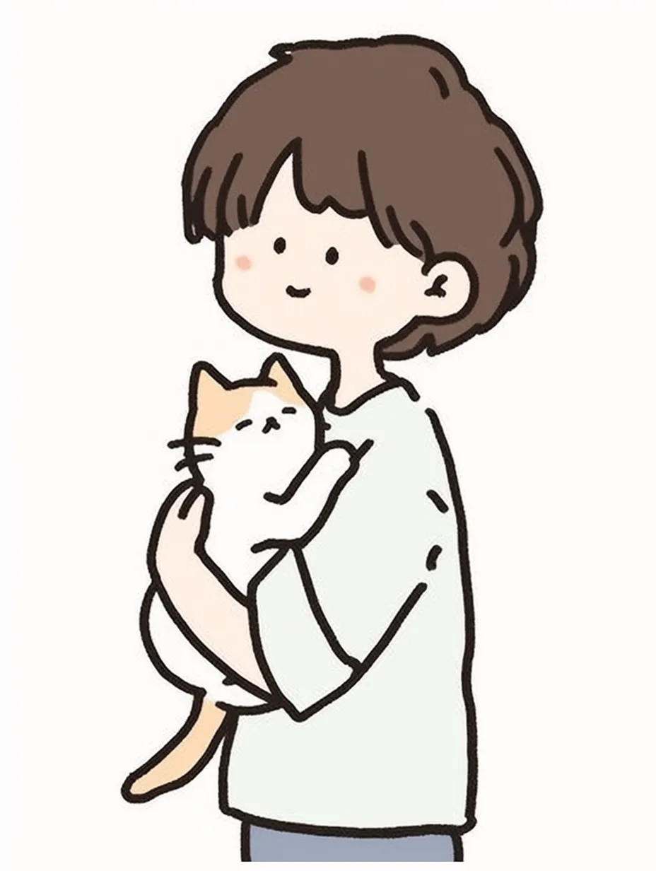 抱っこ・猫・穏やかな男性｜猫を抱く男性の落ち着いた表情が印象的なイラスト。シンプルな線と優しい色使いが、穏やかな空気感を演出している。