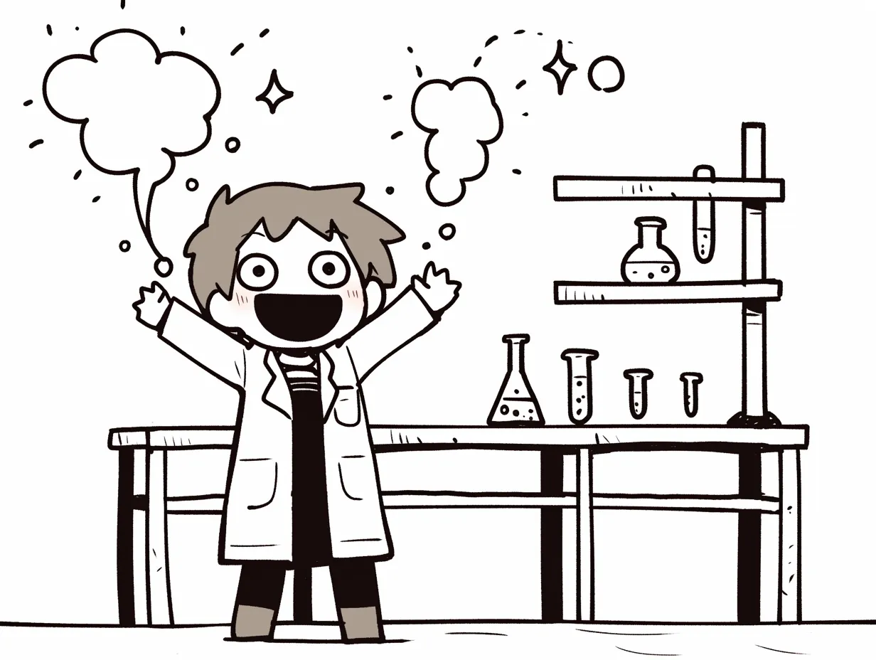 化学実験の驚きの瞬間｜実験中に発生した現象に驚く研究者を描いたユニークなイラスト。白衣を着た人物と化学実験の道具が、シンプルな線で生き生きと表現されている。