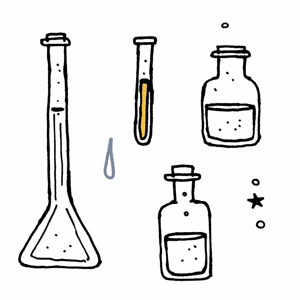 化学実験の器具セット｜試験管やビーカー、薬瓶などが並ぶシンプルなイラスト。モノクロの手描き風の線が特徴で、化学実験に必要な器具を分かりやすく描いている。