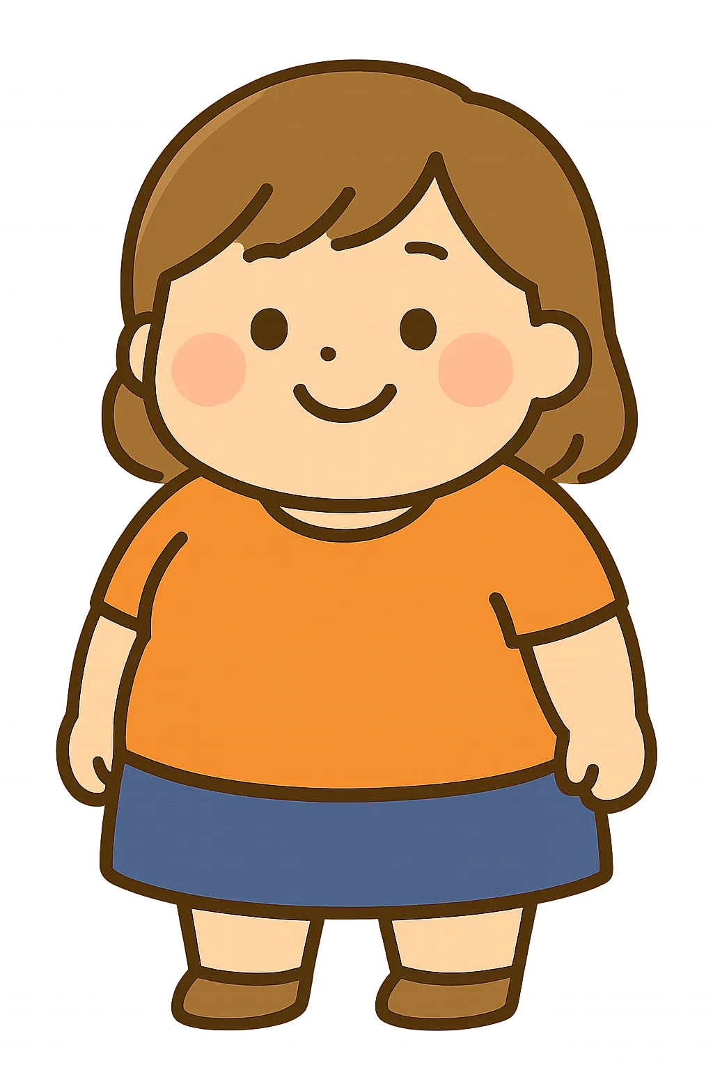 かわいいデブな女子｜ふっくらした体型の女の子をやさしく描いたよ。にっこり顔とまあるいシルエットが親しみやすくて、いろんな体型を認め合える保育の場面にもぴったり。安心感のある存在感だね。