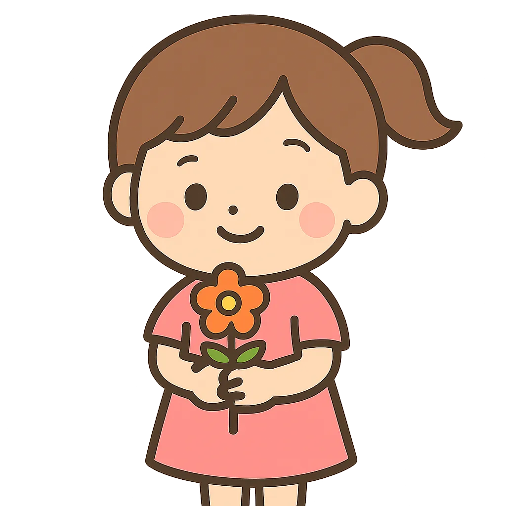 かわいい花を持つ女の子｜にっこり笑顔の女の子が一輪の花を大切に持っているよ。やさしく明るい印象で、季節の行事や感謝の場面にぴったりだよ。