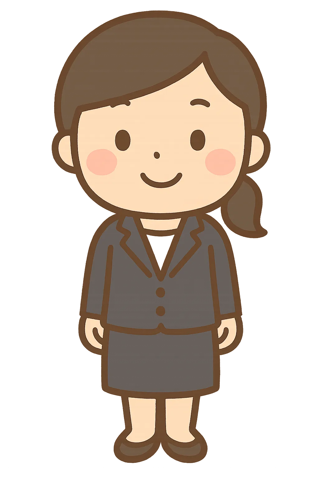 かわいいスーツ女子｜スーツを着た女性が笑顔で立っているよ。社会や仕事に関する掲示や説明にぴったりのきちんとした印象のイラストだよ。