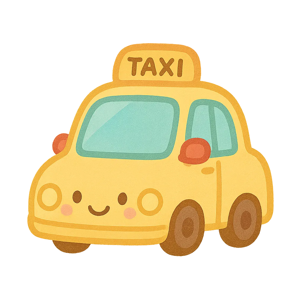 かわいいタクシー｜黄色いボディと「TAXI」サインが特徴のかわいいタクシーが透過背景で描かれ、保育園の乗り物紹介や街のごっこ遊びにぴったりな明るい印象のイラスト素材です。