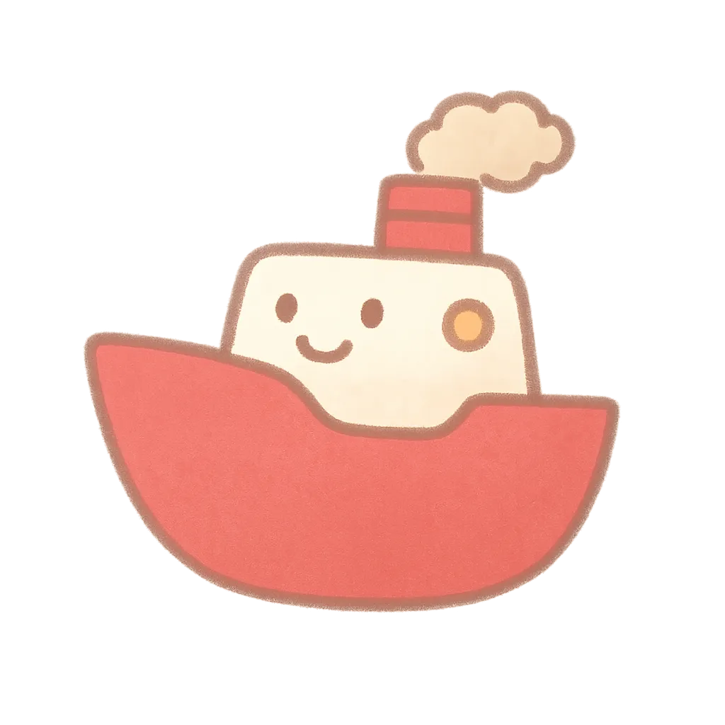 かわいい船｜赤い船体ににっこり顔がついたかわいい貨物船が透過背景で描かれており、保育の海の乗り物紹介や港ごっこ遊びにぴったりな親しみやすいイラスト素材です。