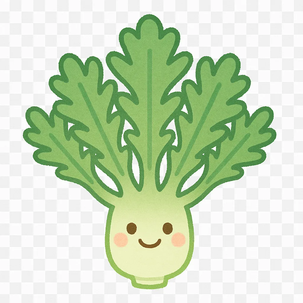 かわいい春菊｜やさしいみどり色で描かれたギザギザの葉に、にっこり顔とほっぺがついた春菊のイラストで、冬から春の野菜紹介や季節の壁面飾りにぴったりな透過素材です。