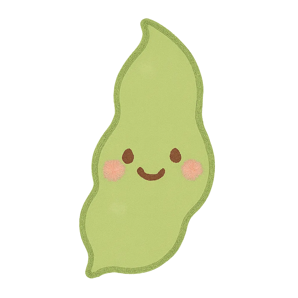 かわいい枝豆｜ふっくらとした緑のさやに笑顔がついた枝豆が透過背景で描かれており、保育園の夏野菜紹介やおつまみごっこ、食育コーナーにぴったりな親しみやすい素材です。