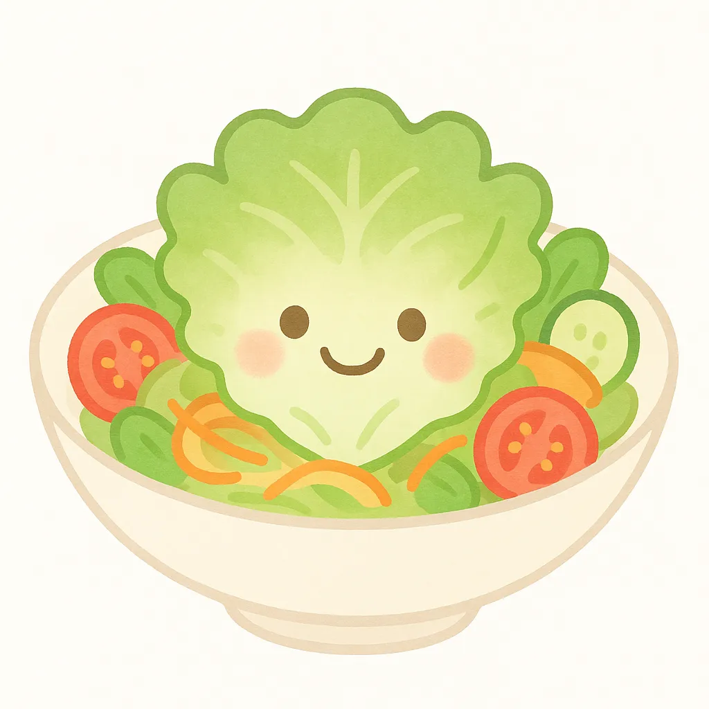 かわいい野菜サラダ｜白背景に描かれた野菜サラダは、レタスの中央ににっこり顔が描かれ、まわりにトマトやきゅうり、にんじんが彩りよく並ぶデザインで、保育園の食育コーナーや夏の壁面飾りにぴったりな、明るく楽しいイラスト素材です。