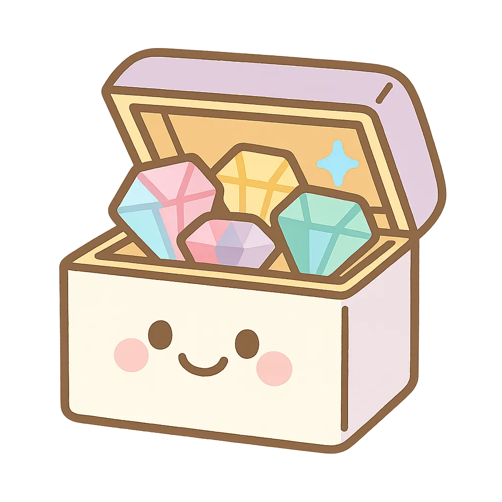 かわいい宝石箱｜キラキラした宝石がつまった宝石箱が、にっこり笑顔でひかっています。やさしい色合いと夢のあるデザインが心をときめかせ、ごっこあそびやプリンセスごっこにぴったりなアイテムです。