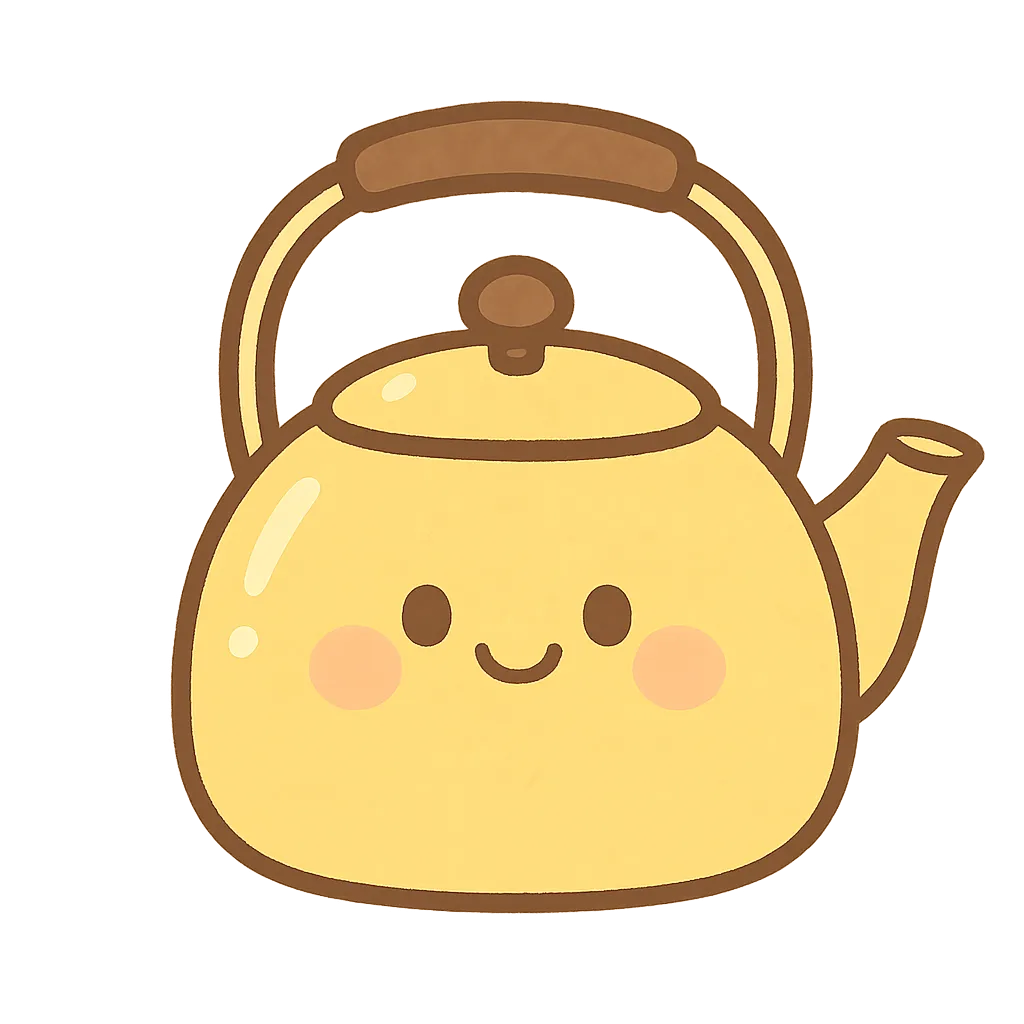 かわいいやかん｜にっこり笑顔の黄色のやかんが、「おゆがわいたよ〜」とうれしそうにしています。まるい形とあかるい色合いが親しみやすく、おままごとやおちゃじかんごっこにぴったりなアイテムです。