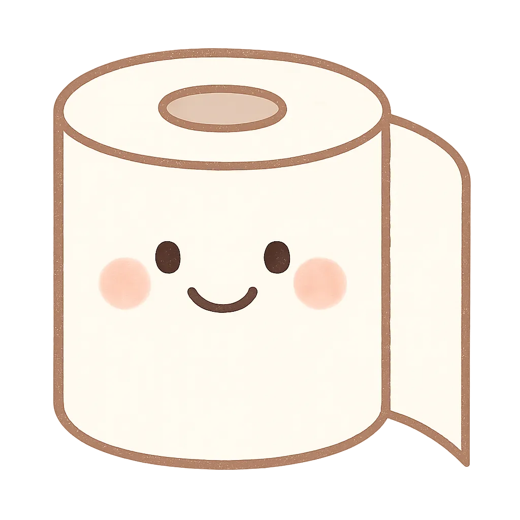 かわいいトイレットペーパー｜にっこり笑顔のトイレットペーパーが、「きれいにしようね〜」とやさしく声をかけています。くるくる巻かれた白い紙とやわらかい質感が親しみやすく、生活習慣やトイレごっこにぴったりなアイテムです。