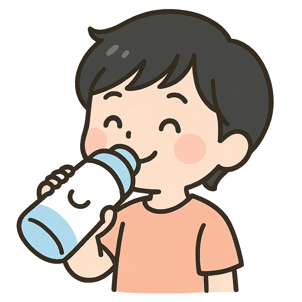 かわいいすいとうをのむひと｜白と水色の水筒を持ってにっこり顔で飲んでいる、かわいい人物キャラのイラストです。清潔感のある色合いと、ほっとする表情が印象的で、保育園での水分補給の大切さや生活習慣の導入にもぴったりなモチーフです。