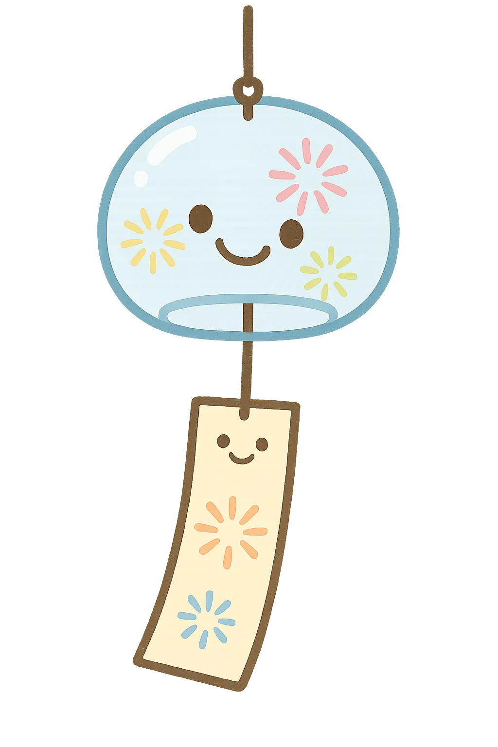 かわいいはなびもようのふうりん｜にっこり顔の透明な風鈴に、カラフルな花火柄が描かれたかわいいイラストです。夏の風物詩をやさしく表現しており、保育の季節の導入や装飾、夏まつりの演出にもぴったりな華やかで楽しいモチーフです。