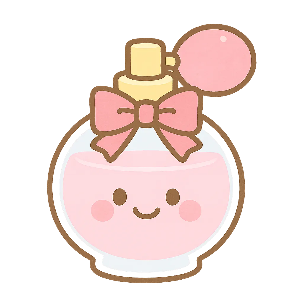 かわいいピンクのこうすいびん｜ふんわりしたピンク色のボトルにリボンなどのかわいい装飾がついた、にっこり顔の香水ビンのイラストです。優雅で甘い雰囲気があり、ごっこ遊びやおしゃれアイテムの導入にもぴったりな、保育向けのやさしいモチーフです。