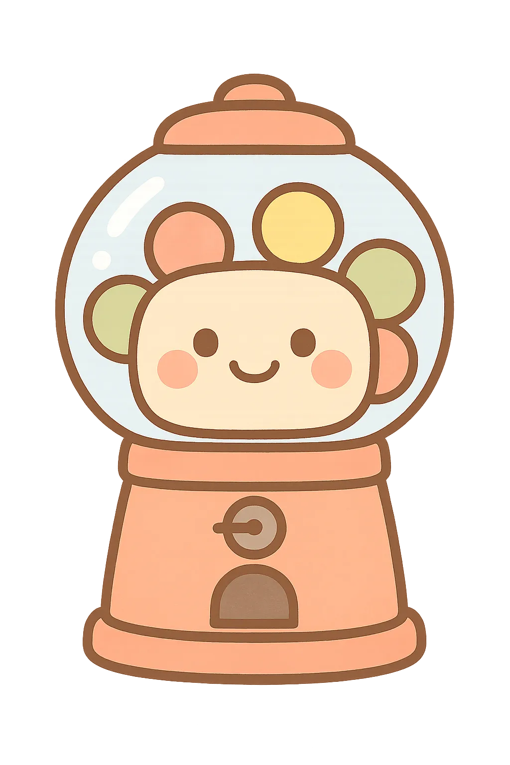 かわいいガチャカプセル｜にっこり顔がついた、半透明のかわいいガチャガチャカプセルのイラストです。カラフルでころんとした形が楽しく、保育のごっこ遊びや景品活動にもぴったりな、ワクワク感のあるモチーフです。