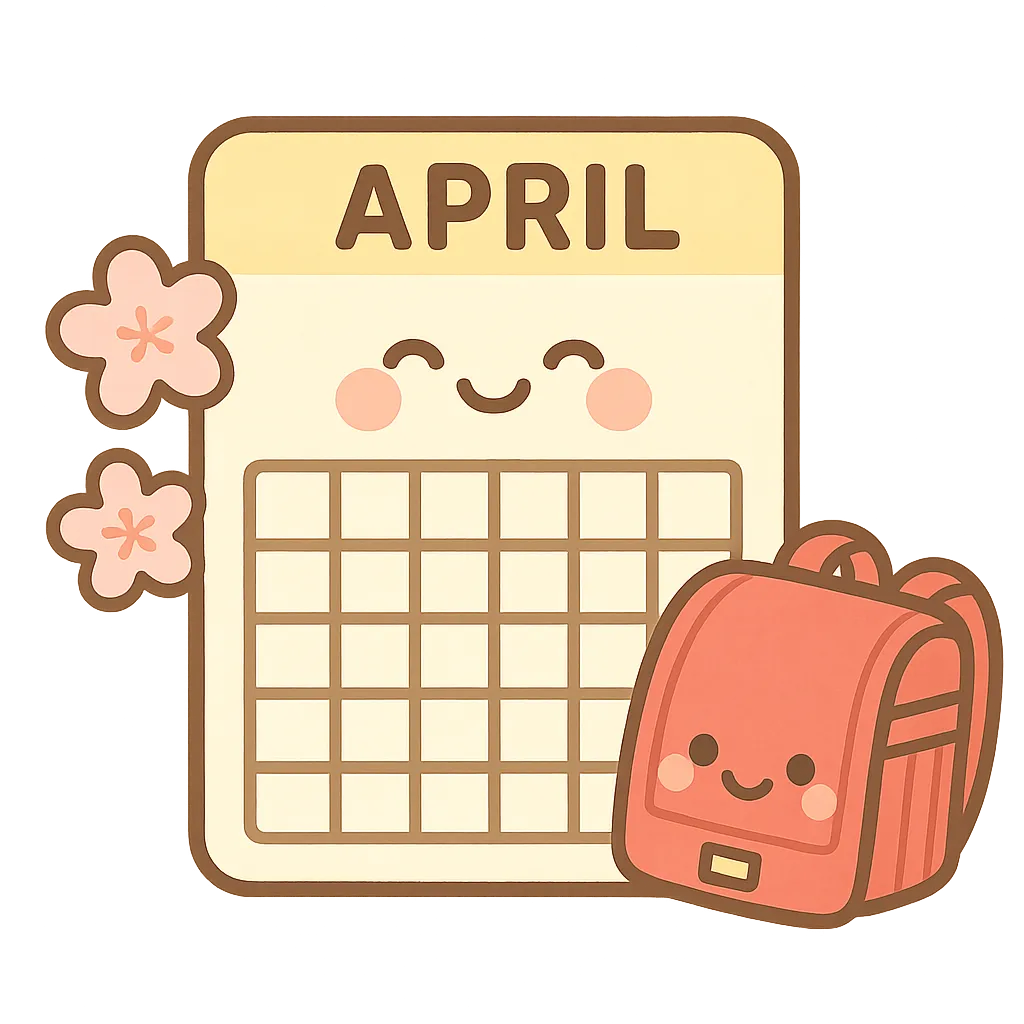 かわいい4月カレンダー｜にっこり顔がかわいい4月カレンダー。桜の花やランドセルなど春のモチーフで、新年度のスタートを明るく楽しく演出します。保育室の壁面やおたより素材にぴったりで、親しみやすい色合いとやさしいデザインが魅力です。