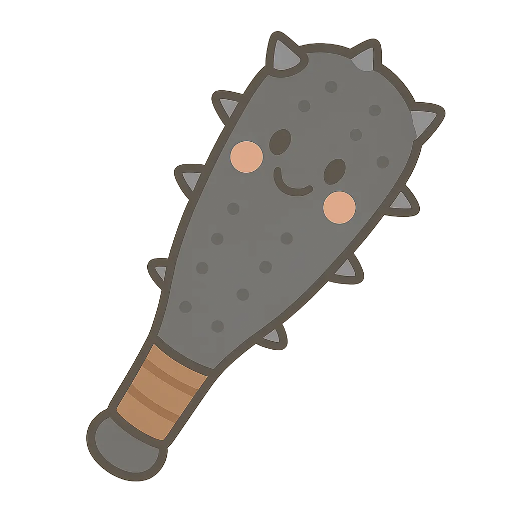 かわい金棒｜にっこり顔がついた、トゲのついた金棒のかわいいイラストです。黒と銀のやさしい配色で、安全にデフォルメされており、保育の鬼ごっこや節分あそびにぴったりな、元気で親しみやすいモチーフです。