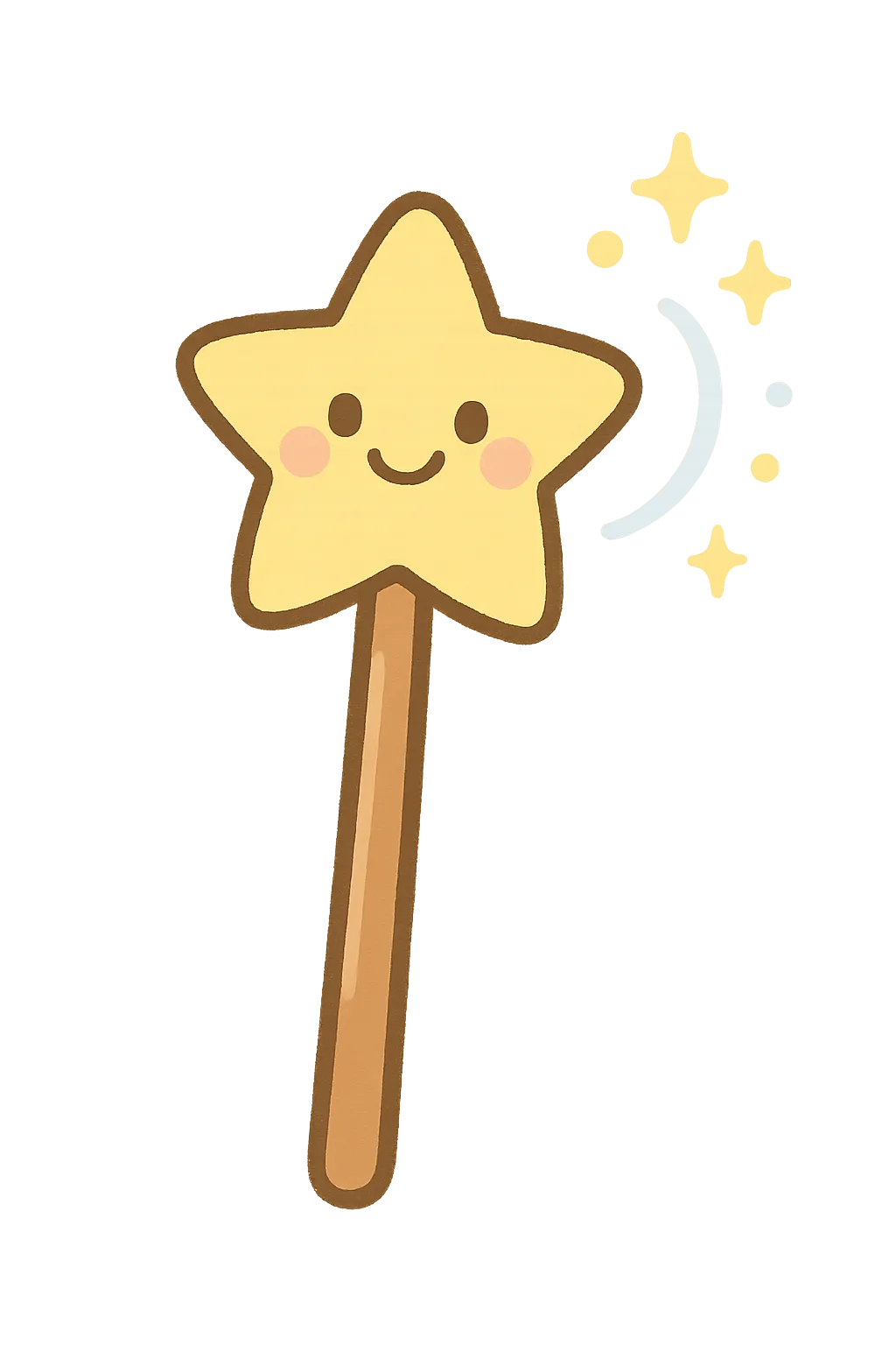かわいい魔法の杖｜にっこり顔がついた星つきの杖からキラキラの魔法が出ている、かわいい魔法の杖のイラストです。保育のまほうつかいごっこやファンタジー遊びにぴったりな、夢いっぱいのモチーフです。
