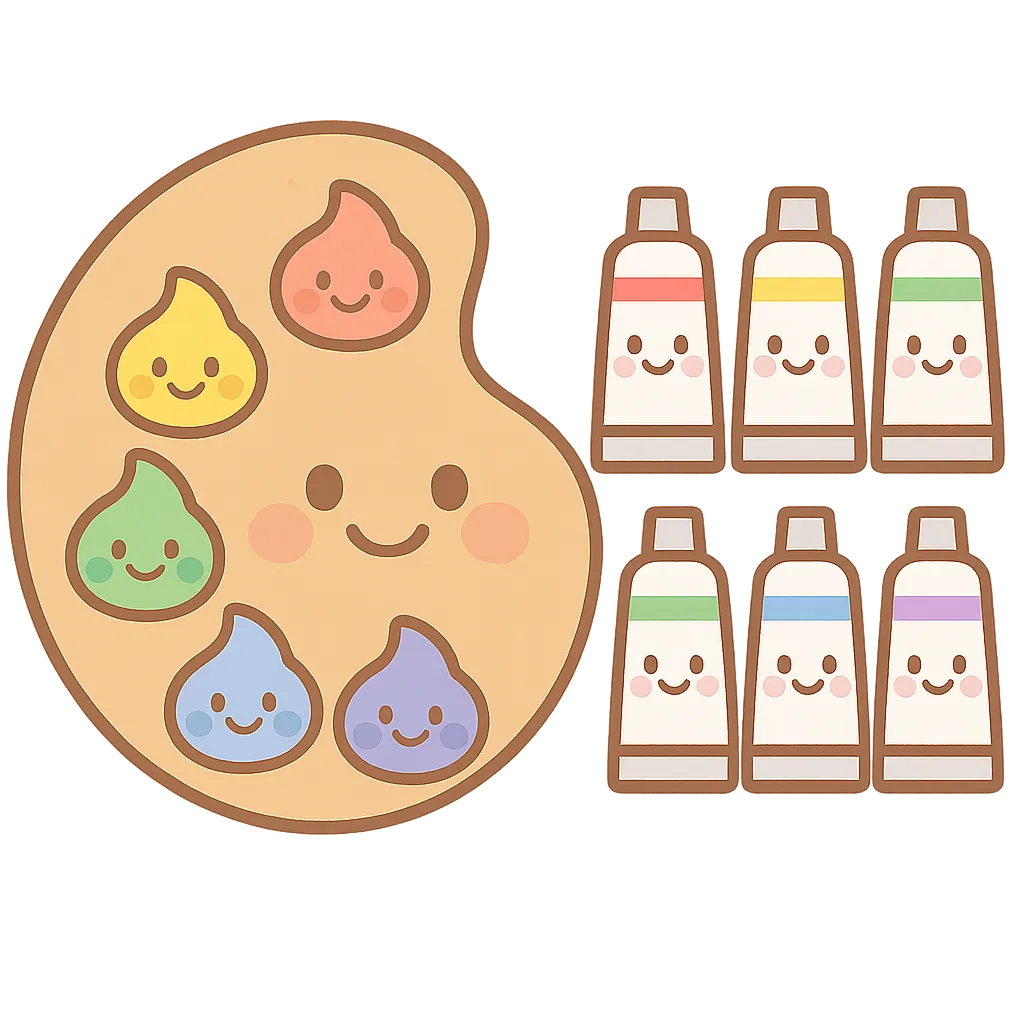 かわいい絵の具とパレット｜にっこり顔のかわいい絵の具とパレットのセット。木目の丸いパレットにカラフルな絵の具が並び、それぞれの色に元気な表情が加わって、楽しい雰囲気に。保育の製作あそびや壁面飾りにぴったりのデザインです。