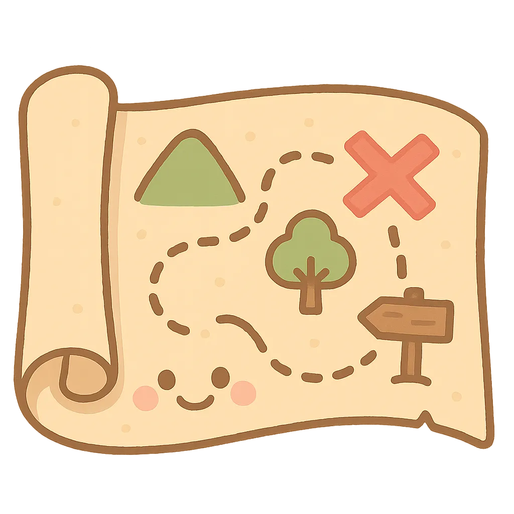 かわいい宝の地図｜にっこり笑顔が愛らしい宝の地図を、かわいいテイストで表現し、柔らかな色使いと手描き風の線で冒険心とあたたかみを感じさせるデザインに仕上げています。