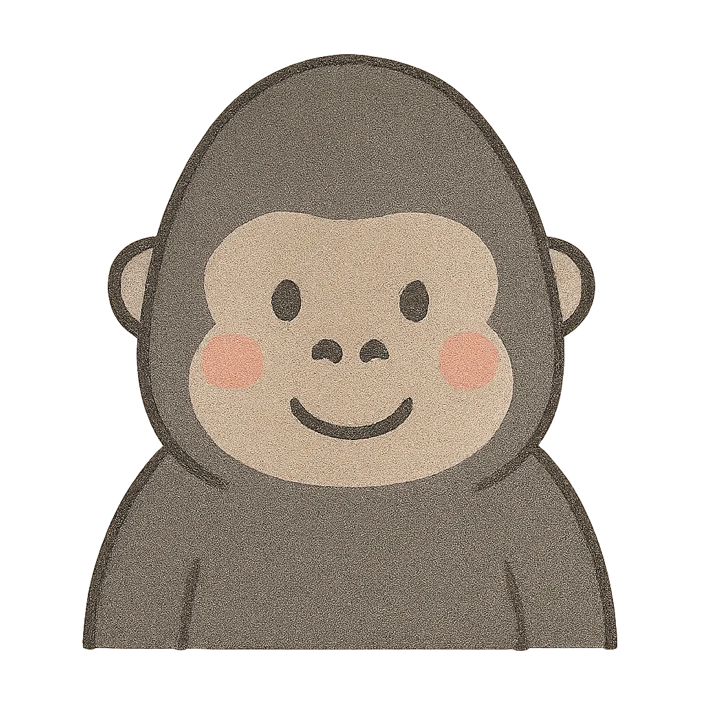 かわいいゴリラ｜しっかりとした体つきながら、やわらかな表情が魅力のゴリラのイラストです。深みのあるグレーのカラーと優しい頬のピンクが、かわいい印象を高めています。発表会の動物テーマにも合います。
