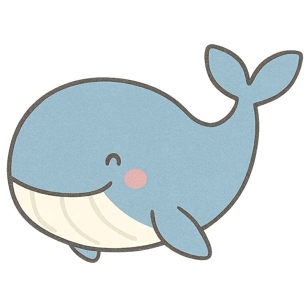 かわいいくじら｜大きな体とやさしい笑顔が魅力のくじらのイラストです。柔らかな水色と手描き風のラインがかわいい雰囲気を演出し、海の世界を楽しく彩ってくれます。