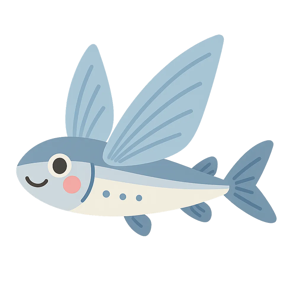 かわいいとびうお｜大きなヒレをひろげて空を飛ぶように泳ぐトビウオが、とってもユニークでかわいいね。涼しげな色合いと笑顔の表情が、夏の掲示や海の製作にもぴったり！