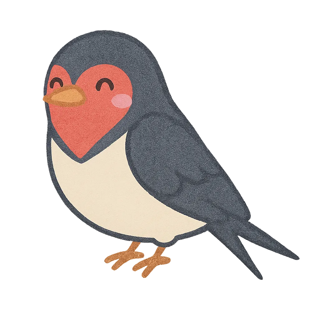 かわいいつばめ｜黒い羽と赤い顔が特徴のにっこり顔のつばめが、やさしい色合いで透過背景に描かれており、保育園での春のおとずれや空を飛ぶ生きもの紹介にぴったりのかわいいイラスト素材です。