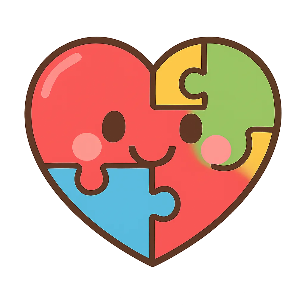 パズルのかわいいハート｜いくつかのピースが組み合わさってできた、楽しいパズル風のハートだよ。つながりや協力のイメージもあって、保育にもぴったり！にっこり笑顔が親しみやすいね。